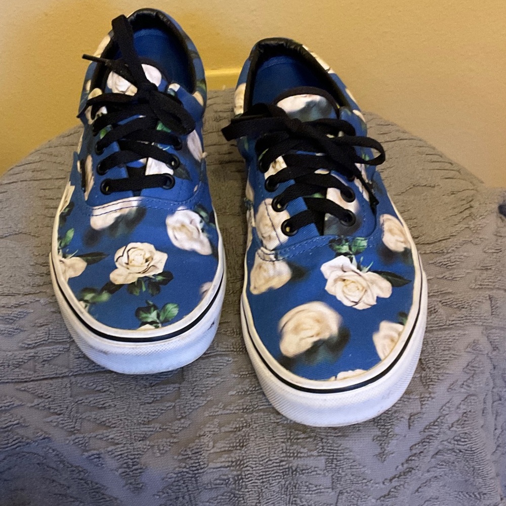 Vans Blue Canvas Sneakers with White Rose Print